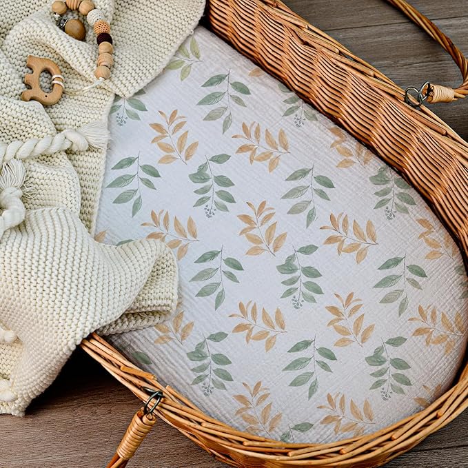 Muslin Bassinet Fitted Sheets, 2 Pack for Baby Boy and Girl, Soft Breathable Stretchy Baby Pad/Mattress Sheet Set, Universal Fit for Hourglass Oval and Rectangle Bassinet Mattress (Bright Leaves)
