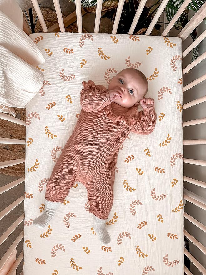 Crib Sheets for Baby Boy Girl 2 Pack, Fitted Crib Mattress Sheet 28" x 52", Muslin Toddler Bedding with Neutral Style, Nursery Bedding Essentials (Brick & Leaf)
