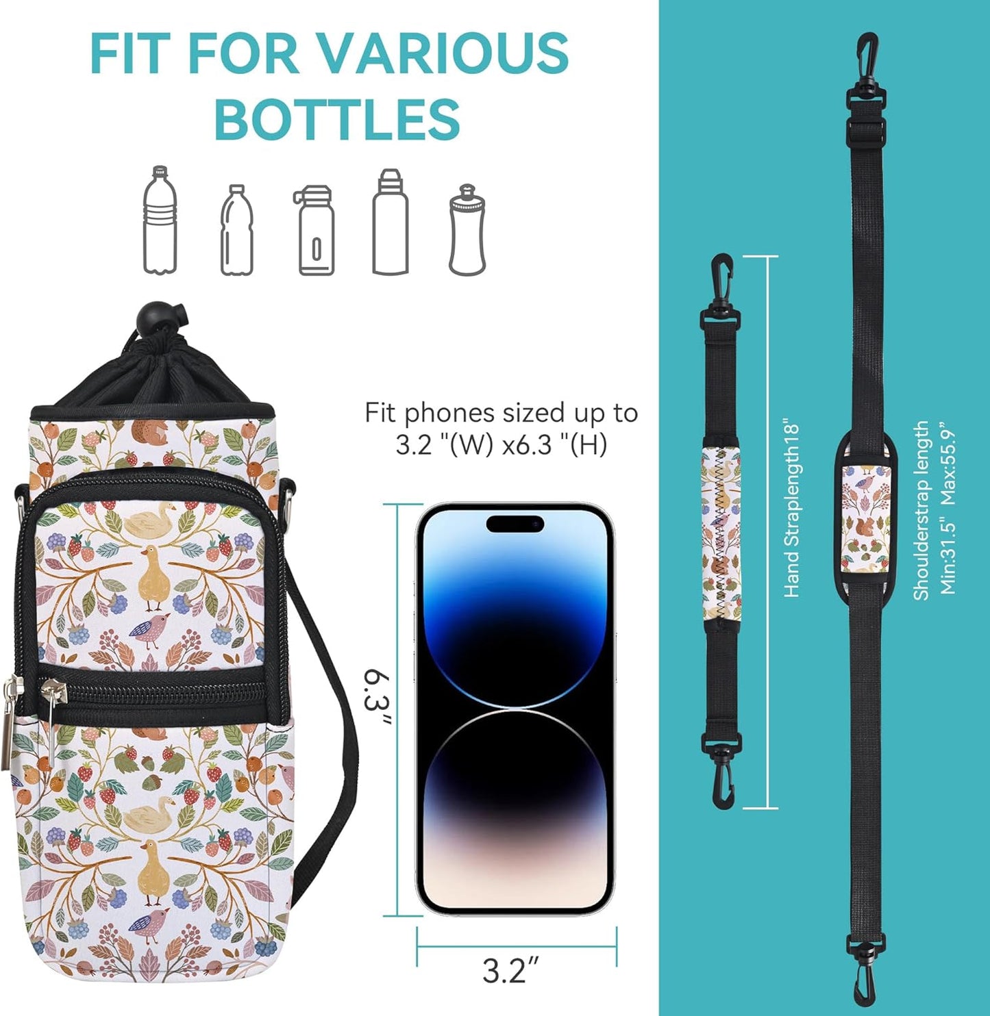 icolor Water Bottle Carrier Bag with Strap 25/32/40 oz Crossbody Bottle Holder with Phone Pocket Sling Sleeve Insulated Neoprene Water Bottle Pouch for Walking Travelling
