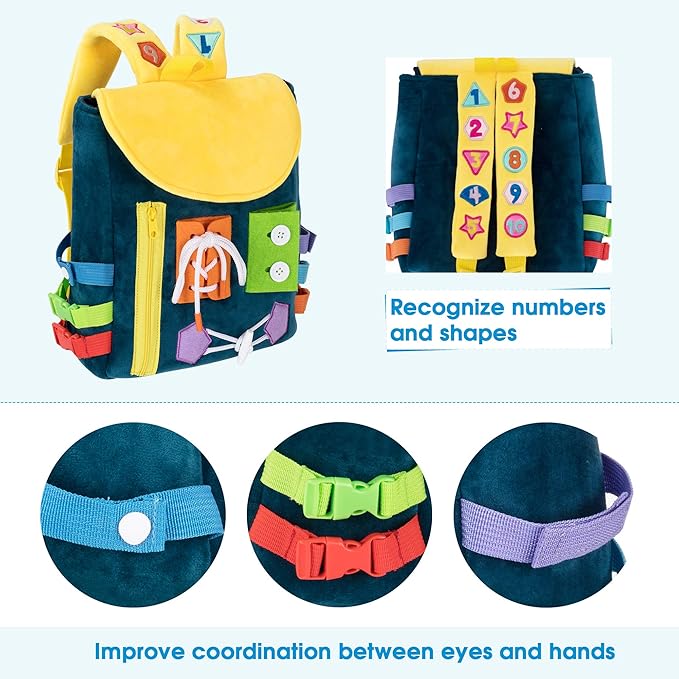 Busy Board - Toddler Backpack with Buckles and Learning Activity Toys - Develop Fine Motor Skills and Basic Life Skills - Learn to Tie Shoes - Children's Travel Toy