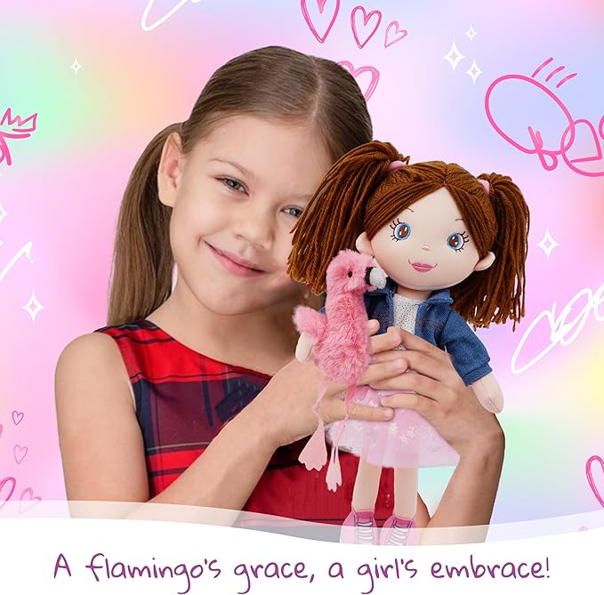 June Garden 15" Playmate Buddies - Plush Doll Mia with Her Stuffed Animal Companion Flamingo Rosie for Kids 1 Year and Up