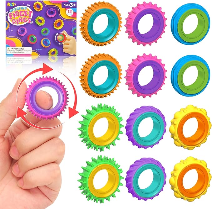 Fidget Toys Sensory Rings for Kids: 12 Pack Finger Spinner Rings - Texture Stress Toys for Kids Autism Calming - Fun Fidgets for Student Classroom Prize Stocking Stuffers