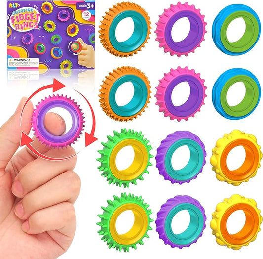 Fidget Toys Sensory Rings for Kids: 12 Pack Finger Spinner Rings - Texture Stress Toys for Kids Autism Calming - Fun Fidgets for Student Classroom Prize Stocking Stuffers