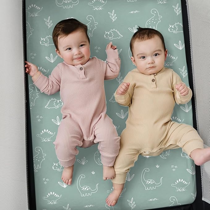Pack n Play Sheets, BROLEX 2 Pack Mini Crib Sheets,Stretchy Portable Fitted Playard Sheet Set, Convertible Playard Mattress Cover,Ultra Soft Breathable Material,Cute Dinosaurs