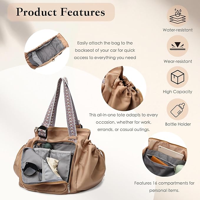Diaper Bag Tote for Moms & Women, Large Capacity Multi-Functional Tote with 16 Compartments, Convertible Backpack & Shoulder Bag for Work, Travel, Shopping & Picnic (Chocolate Brown)