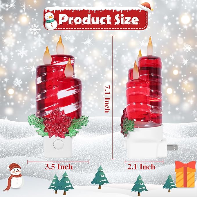 2 Pack Christmas Candle Night Light Plug into Wall Glitter Water Nightlight with USB/Outlet Options, Christmas Decorative Nightlight for Bedroom Kitchen Nursery Holiday Decorations Gifts (Red Candle)