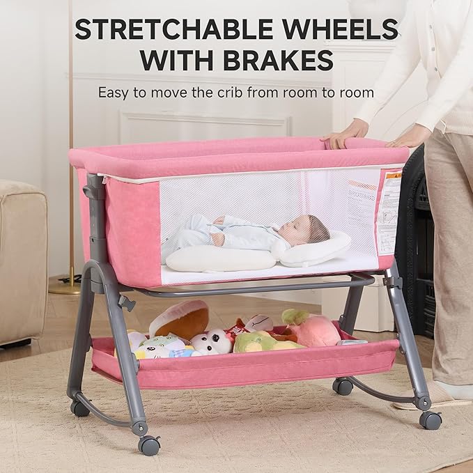 Real Relax Baby Bassinet Bedside Sleeper, 3 in 1 Bedside Crib with 6 Adjustable Height and Mosquito Nets, Portable Bedside Bassinet for Baby with Wheels, Easy to Fold, Included Mattress, Pink
