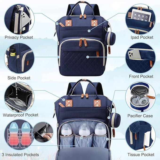 Diaper Bag Backpack Baby Bag, Baby Girl Boy Diaper Bag for Dad Mom with Pad, 16 Pockets, Pacifier Case, Large Diaper Bags Unisex for Travel (Blue)