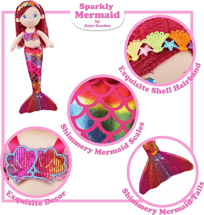 June Garden 16.5" Sparkly Mermaid Aurelia - Soft Plush Stuffed Mermaid Doll Gift for Toddler Girls