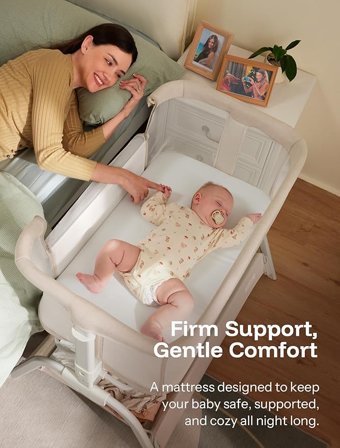 HARPPA Cuddly Bassinet, 2 in 1 Baby Bassinet with Breathable Mesh and Mattress, 6 Height Adjustable, Bedside Sleeper with Anchor Strap, Storage Basket and Wheels, Beige