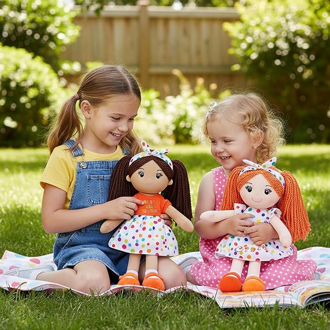 June Garden 14" Snuggle Cutie Lila – Best Big Sister Soft Plush Doll – Stuffed Girl Doll with Polka Dot Dress and Bow for Toddlers & Big Sister Announcements - Orange M