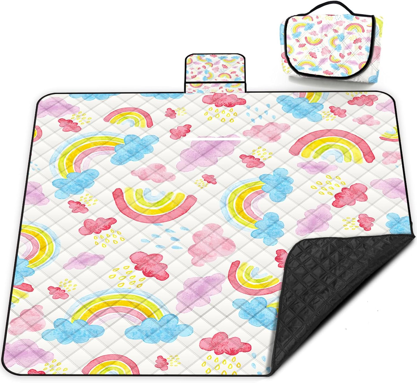 Extra Large Picnic Blanket Waterproof,80"x 80"Foldable Machine Washable Beach Blanket,Outdoor Blanket for 6-8 Adults,Picnic Mat Suitable for Indoor Crawling,Park Beach,Camping,Hiking,Travel (Rainbow)