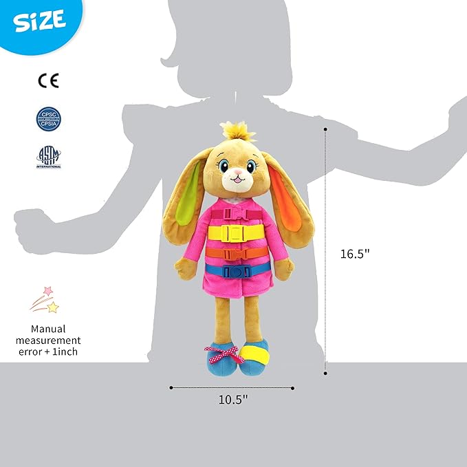 June Garden 16" Dressy Friends Bunnie - Educational Stuffed Plush Doll for Kids and Toddlers 2 Years and Up - Montessori Soft Toy Doll