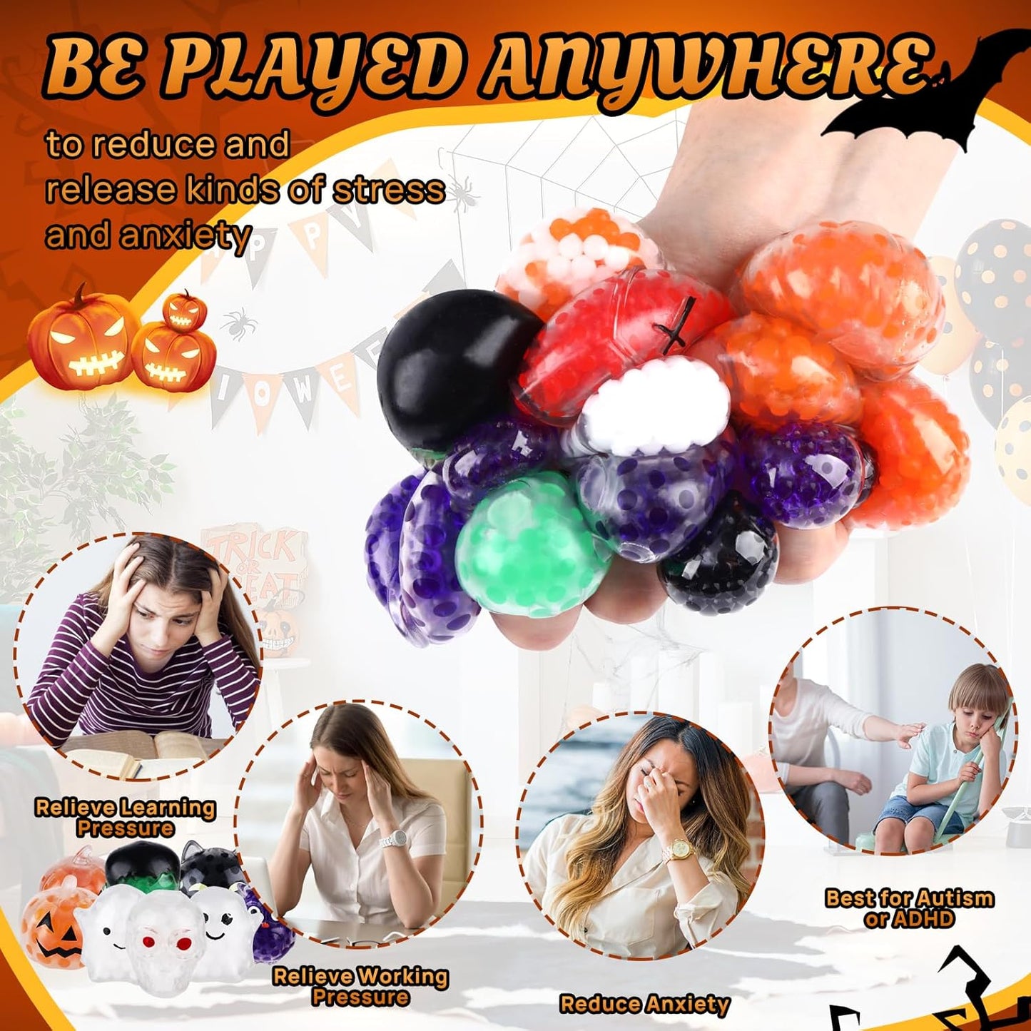 24PCS Halloween Stress Balls,Squishy Fidget Ball Toys,Bulk Stress Relief Sensory Stress Ball for Halloween Party Favors,Trick or Treat Goodie Bag Fillers,Birthday Gift