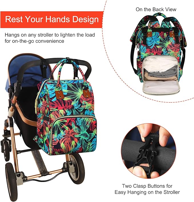 Diaper Bag Backpack Multi-Function Baby Bag With Large Capacity and Insulated Pockets Diaper Backpack Organizer Bag for Mom/Dad, Leaf