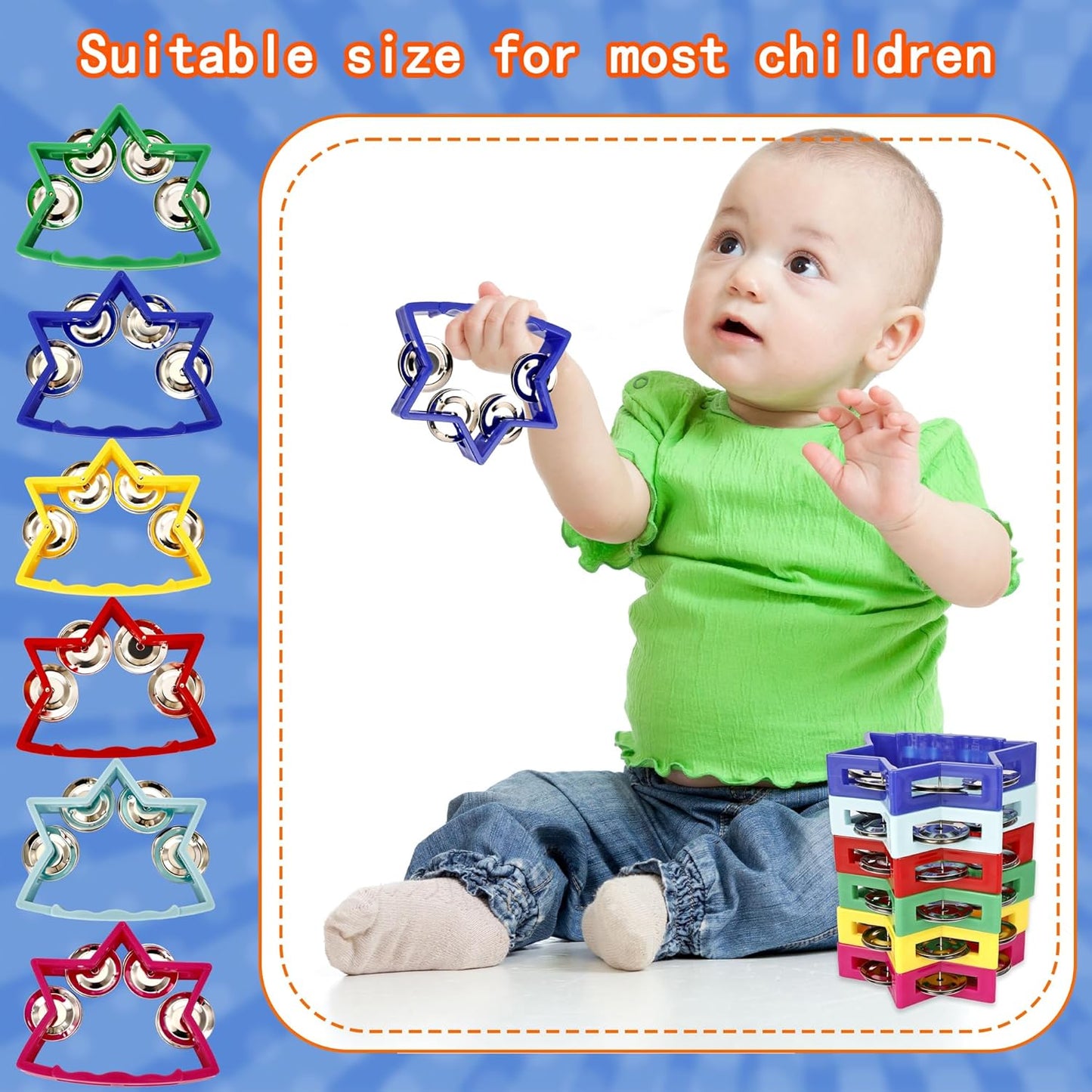 24 Pack Plastic Percussion Tambourine Colorful Star Shape Hand Tambourine Bells Noise Makers Tambourine for Musical Instruments School Concert