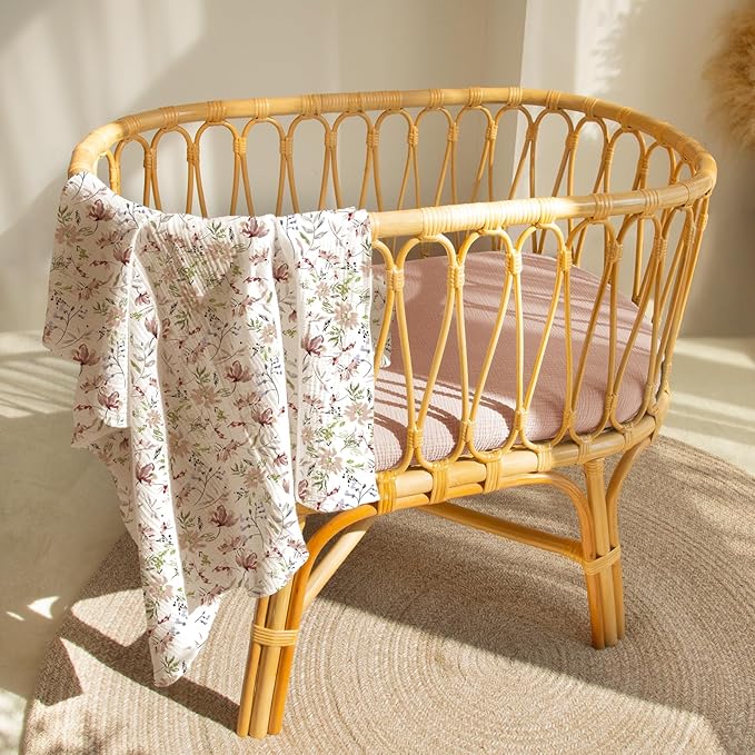 lulumoon Baby Bassinet Sheets Muslin: Soft Fitted Bassinet Sheets Floral for Girls - Fit for Oval Rectangle or Hourglass Mattress