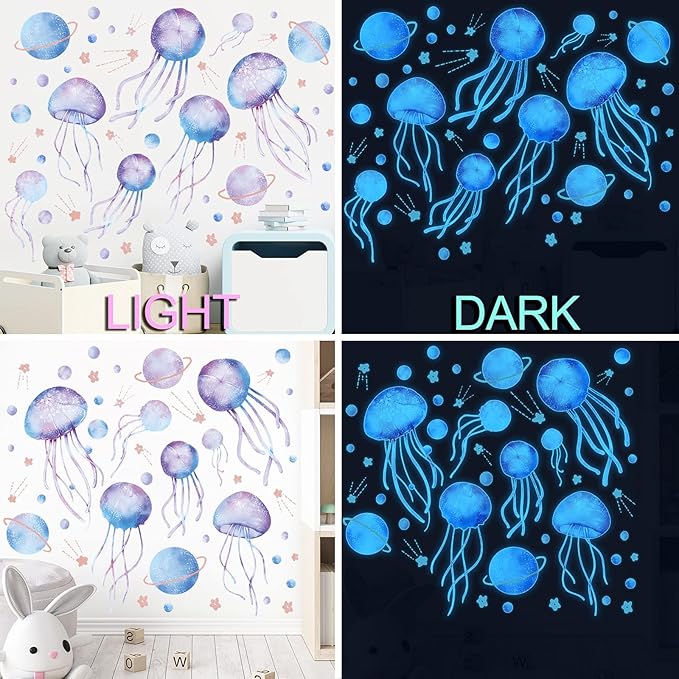 4 Sheets Starry Sky Jellyfish Wall Sticker Glow in The Dark Wall Stickers Planet Blue Luminous Wall Decals DIY Peel Stick Art Decor for Walls Ceiling Kids Bedroom Living Room Nursery Girls and Boys (Blue)