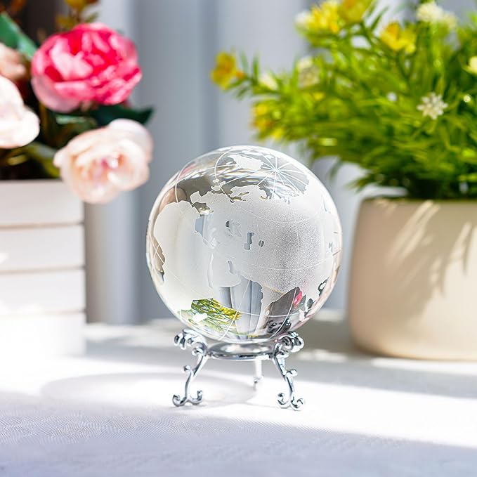 80mm Crystal Earth Globe Ball with Stand World Map Glass Sphere Desk Office Home Decor Glass World Globe Paperweight
