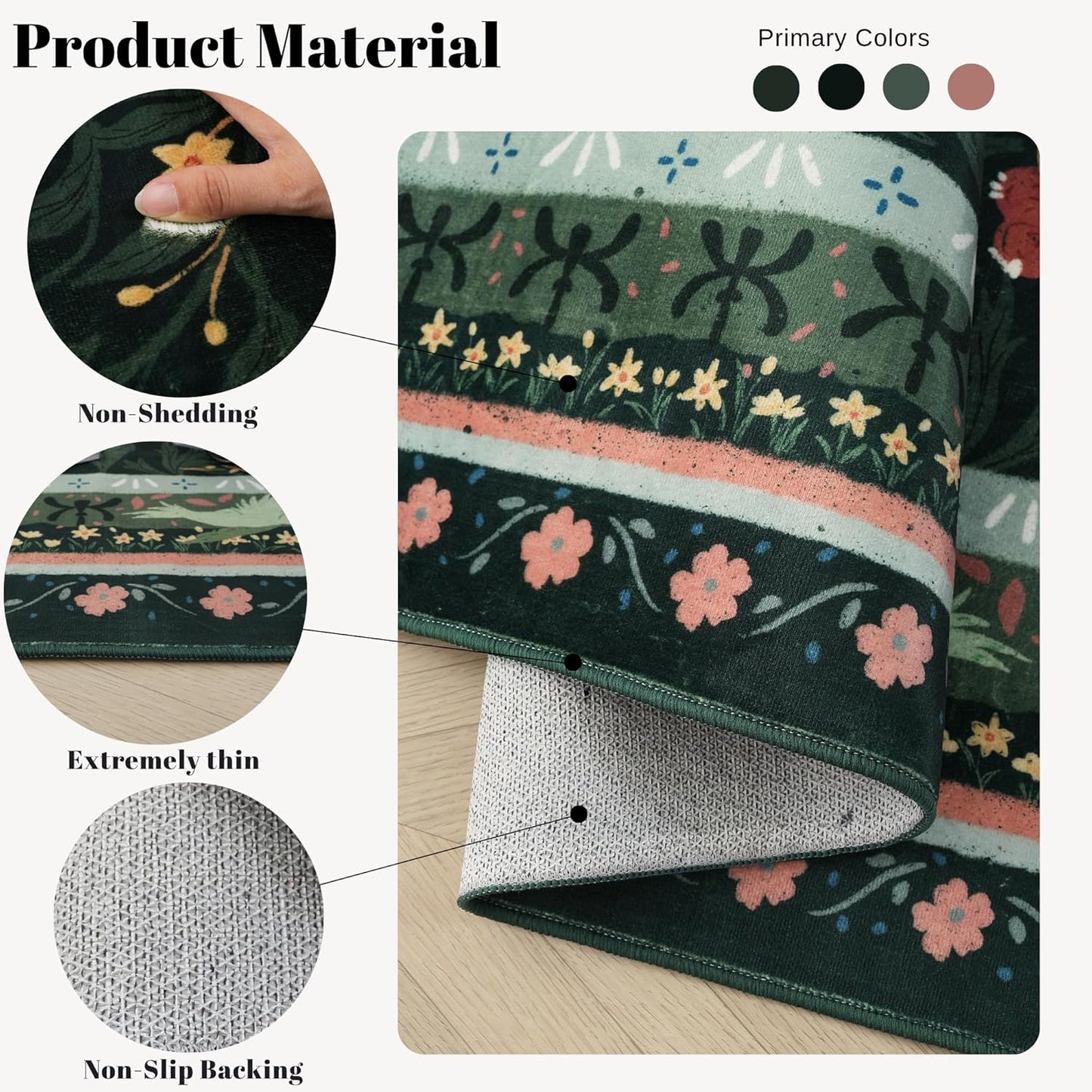 Bedroom Rug 3x5 Rug Washable Area Rug Non Slip Low Pile Vintage Floral Botanical Small Carpet for Bedroom, Bedside, Kitchen, Entryway, Kids Room, Office, Green