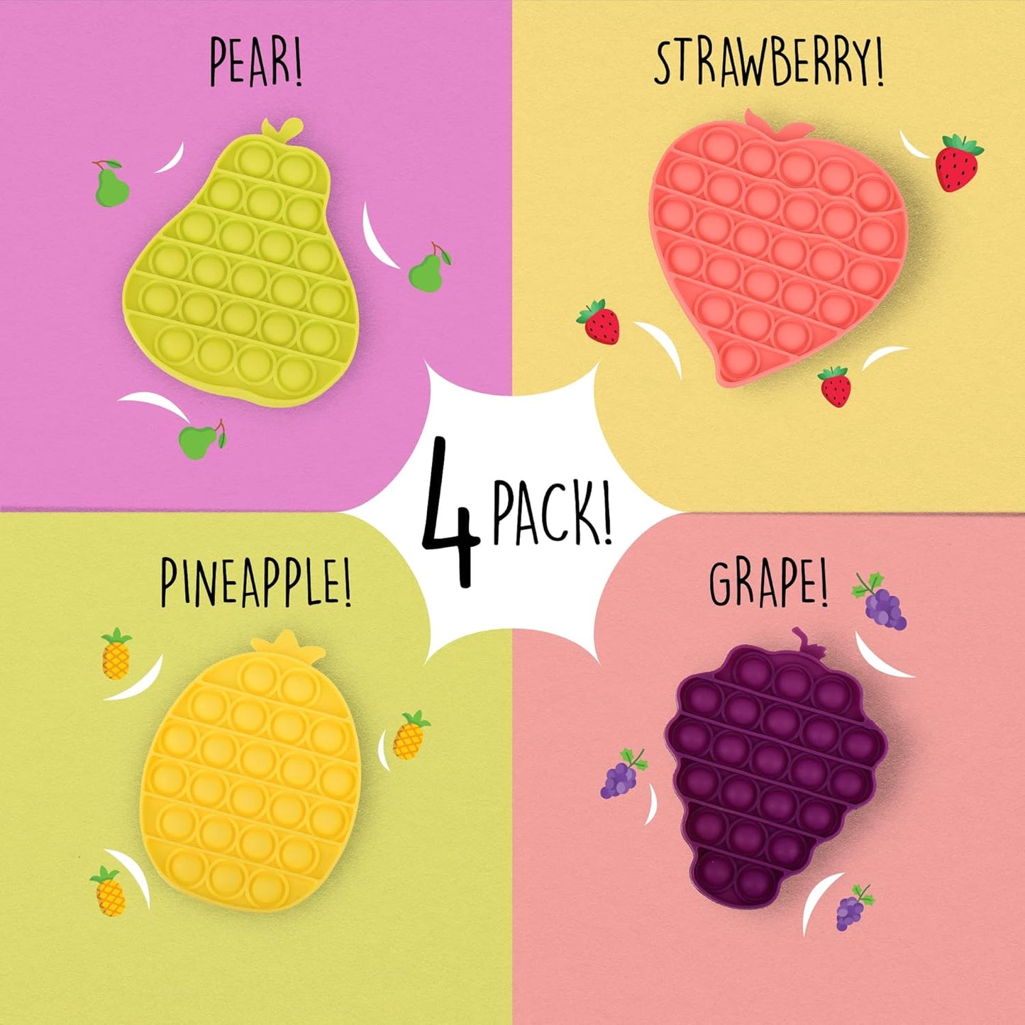 IMPRESA 4-Pack Fruit Scented Monkey Push Pop Sensory Toys for Kids & Adults to Help Reduce Anxiety - Scented Pop it Fidget Toy Promotes Improved Focus - Bubble Toys Make a Satisfying Pop Sound
