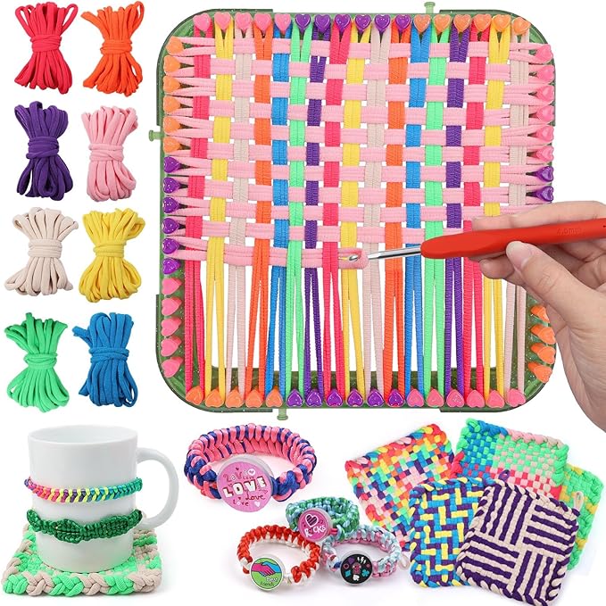 FUNiOi Weaving Loom Kit Toys for Kids, DIY Crafts Projects of 6 Potholders and 10 Friendship Bracelets, 2-in-1 Square Buildable Loom Knitting Kits, Gift Ideas for Girls 6-12 Years Old