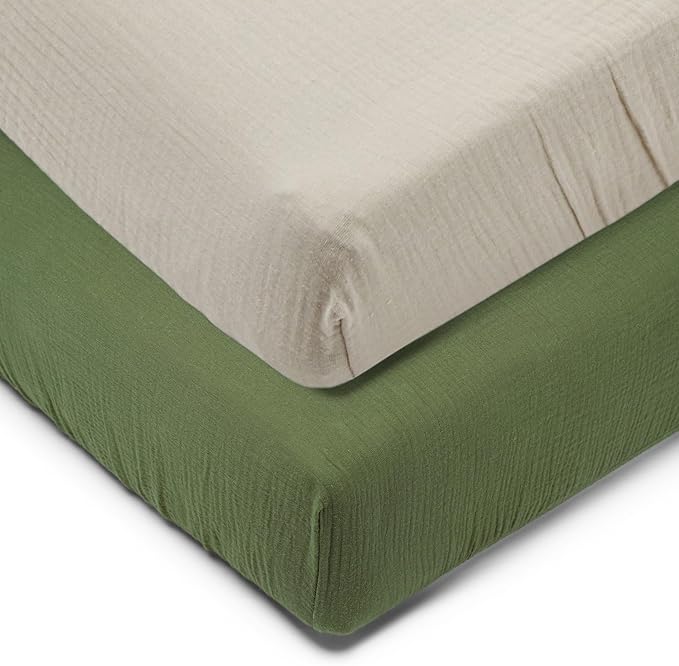 Muslin Mini Crib Sheets for Girls & Boys-2 Pack 24"x 38" Soft Baby Mattress Sheets Fitted-No Slip Neutral Toddler Cotton Bedding-Boho Nursery Décor Olive Green & Beige