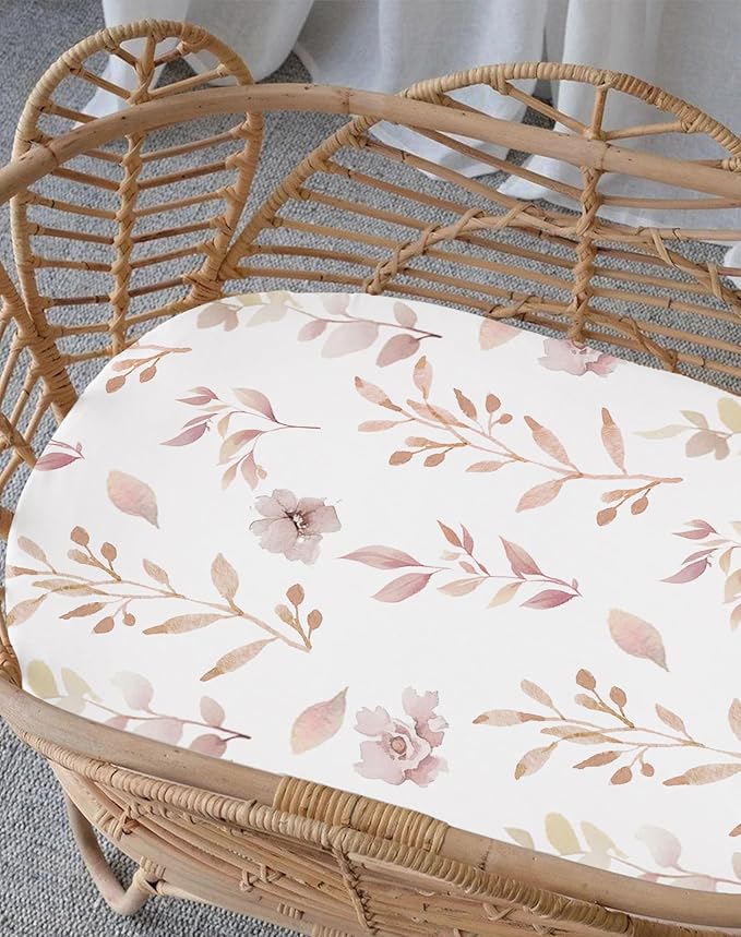 Bassinet Sheets for Baby Girls Boys 2 Pack, Fitted Baby Mattress Sheet for Rectangle, Oval, Hourglass Bassinet Mattress, Breathable Cozy & Universal Fit (Floral Fawn)
