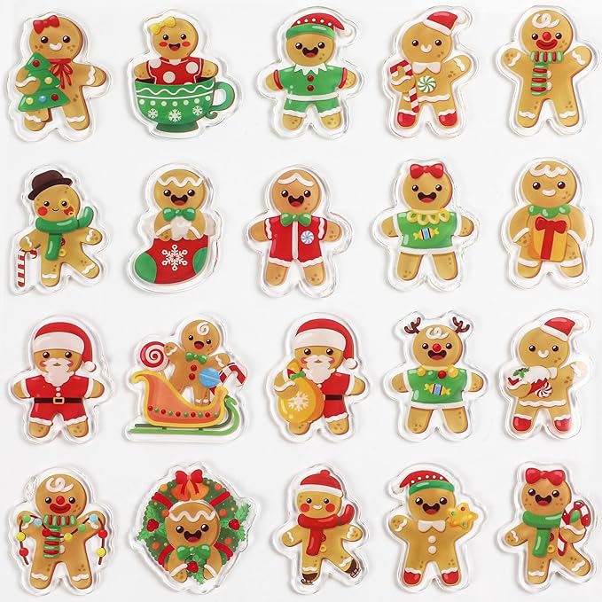 20 PCS Christmas Thick Gel Clings Gingerbread Man Window Decorations Xmas Window Clings Decals Yule Party Decor for Kids Toddlers Home Airplane Festive Season Holiday Party Home Classroom Nursery