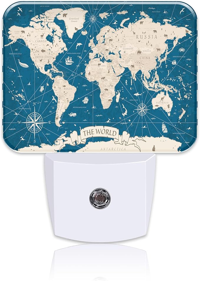 Vintage Blue World Map Night Light for Kids, World Map LED Night Light Plug into Wall with Dusk to Dawn Sensor for Girls Boys Women Men Bedroom, Hallway, Kitchen, Bathroom, Stairs Decor