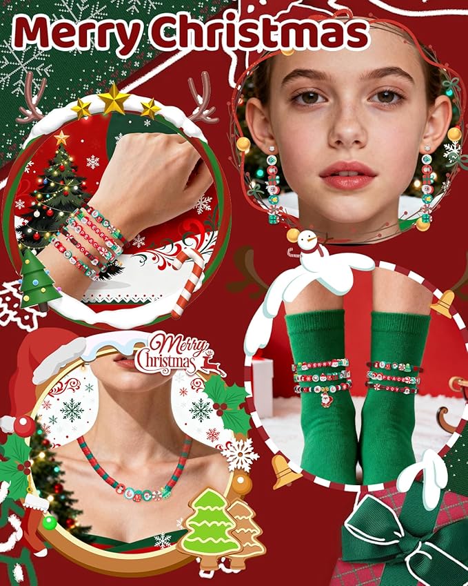 Christmas Polymer Clay Beads, 10mm Heishi Spacer Beads for Jewelry Making, Mixed DIY Crafts Supplies for Bracelet, Necklace, Earrings, Hair Accessories and Holiday Crafts