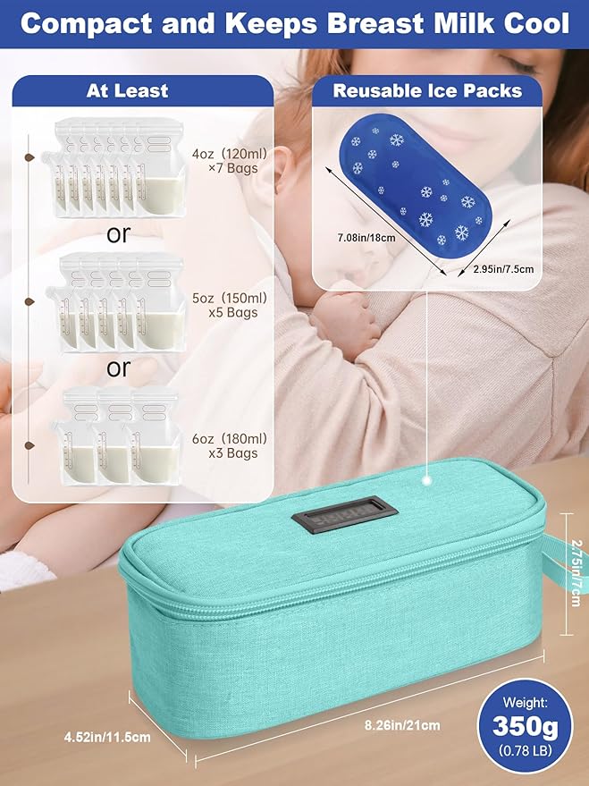 YOUSHARES Breastmilk Cooler Travel Bag with Digital Thermometer, Small Insulated Baby Milk Storage with 2 Ice Packs, Daycare and On-The-Go Moms （Light Green）