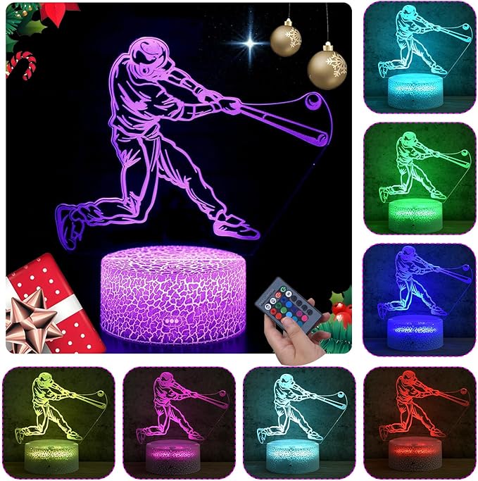 Baseball Man 3D Night Light for Kids for Teens Boys Girls Birthday Christmas Gift,with Smart Touch and Remote Control,Multiple Colors and Brightness Adjustment Room Decor Night Lamp
