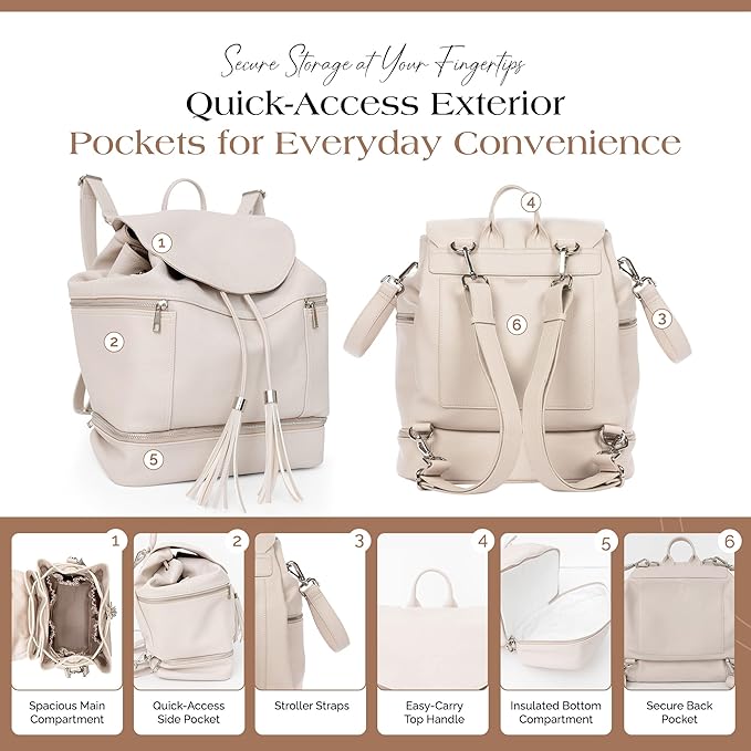 Citi Collective Journey Pearl Vegan Leather Diaper Bag Backpack | Elegant, Multifunctional, Travel Diaper Bag with Changing Pad, Stroller Straps & Insulated Bottle Pockets.