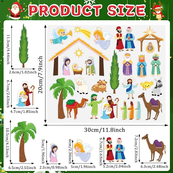 MARFOREVER Nativity Christmas Window Clings Stickers,50 PCS Christmas Religious Gel Stickers Holy Jesus Thick Gel Clings Decals for Gift Toddlers Classroom Xmas Window