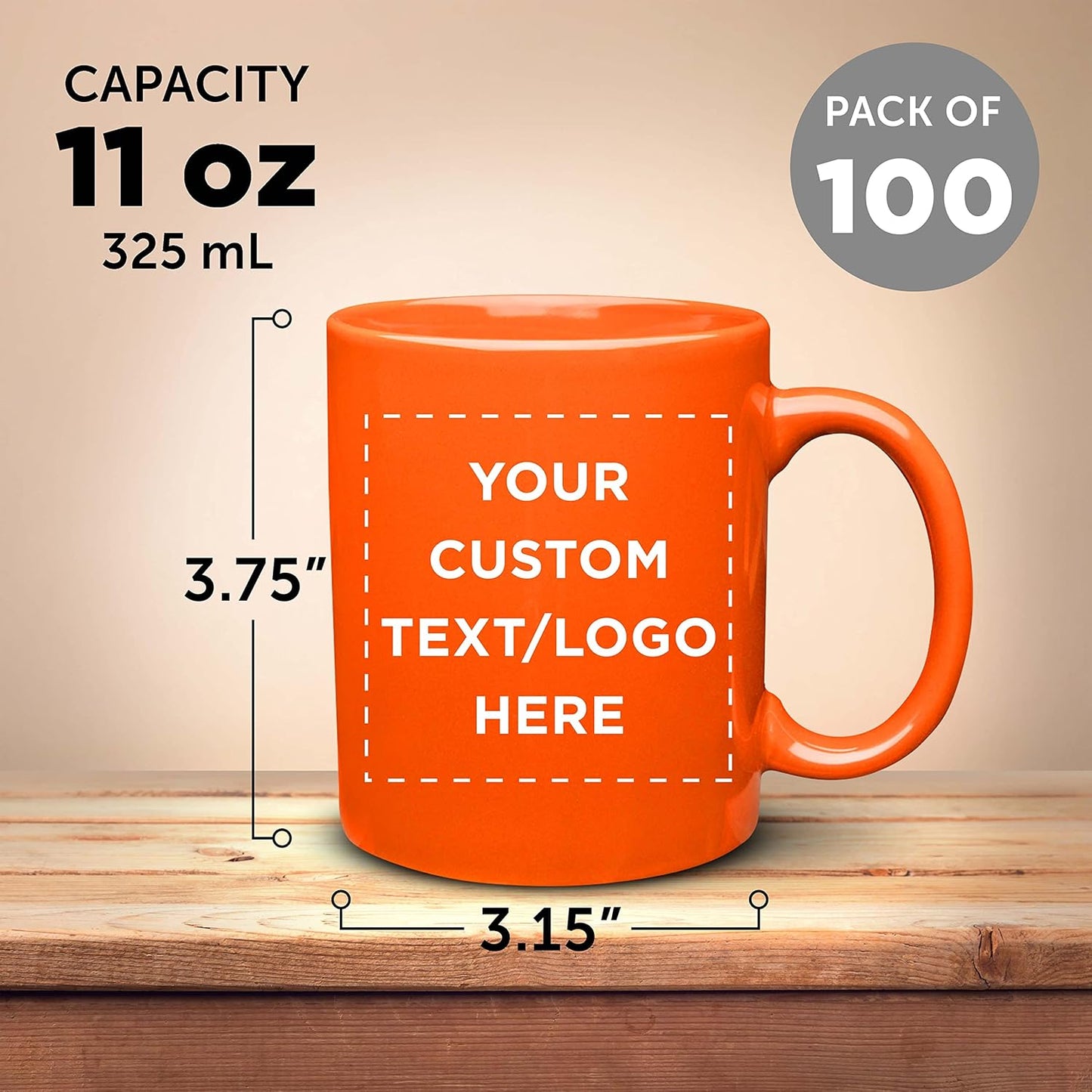 Custom Ceramic Coffee Mugs 11 oz. Set of 100, Personalized Bulk Pack - Coffee cup set, Iced coffee cup, Gaming mug - Orange