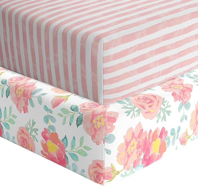 Featherhead™ 2-Pack Fitted Crib Sheets - 100% Cotton - 52" x 28" x 9" for Standard Crib and Toddler Mattress (Jersey Garden Floral)