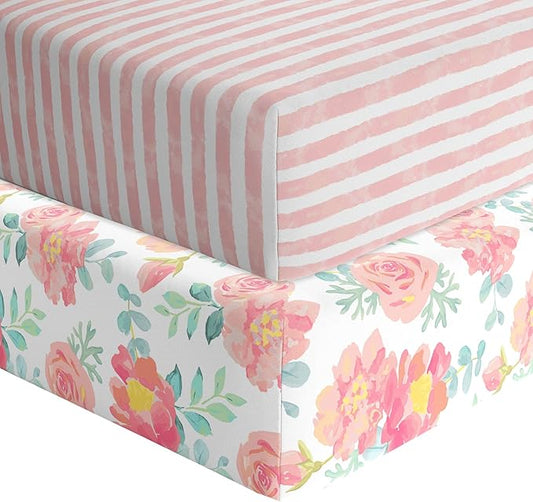 Featherhead™ 2-Pack Fitted Crib Sheets - 100% Cotton - 52" x 28" x 9" for Standard Crib and Toddler Mattress (Jersey Garden Floral)