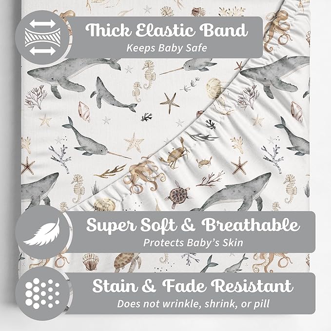 Baby Bassinet Sheets for Boy, Girl (Ocean Odyssey) 2-Pack - Fitted Bedside Bassinet Sheets - Buttery Soft Cotton Blend for Standard Mattress Pad - Compatible with Halo BassiNest