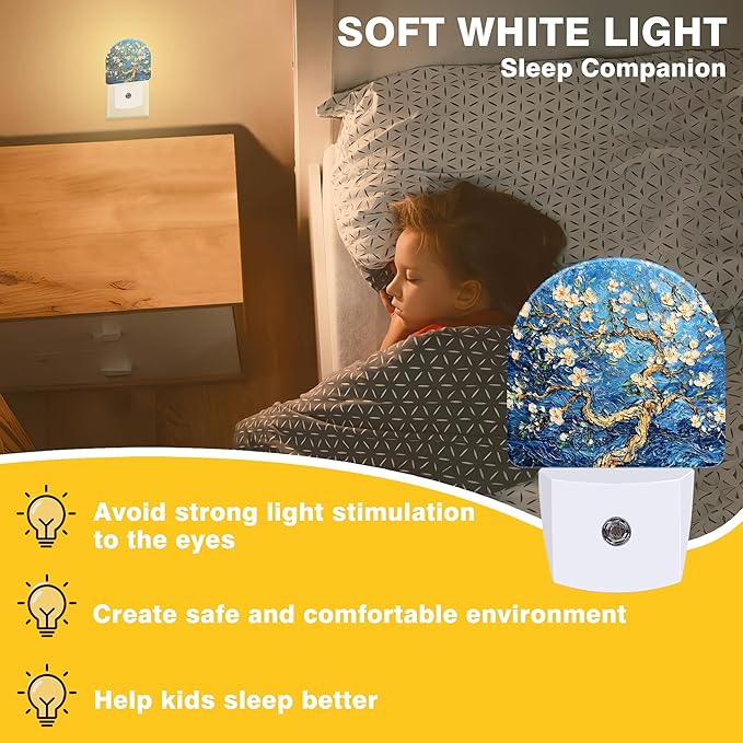 Night Lights Plug into Wall Almond Tree in Blossom Night Light Dusk to Dawn Smart Sensor Decorative Round Led Lamp for Bedroom Kitchen Hallway Nightlight for Women Men