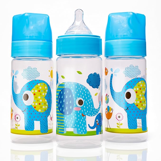 Avima Baby 9 oz Anti Colic Baby Bottles for Breastfed Babies - Medium Flow Nipples, Wide Neck Bottle, BPA Free - 3-6 Months, Stage 2 (Set of 3) Blue Baby Bottle - Elephants