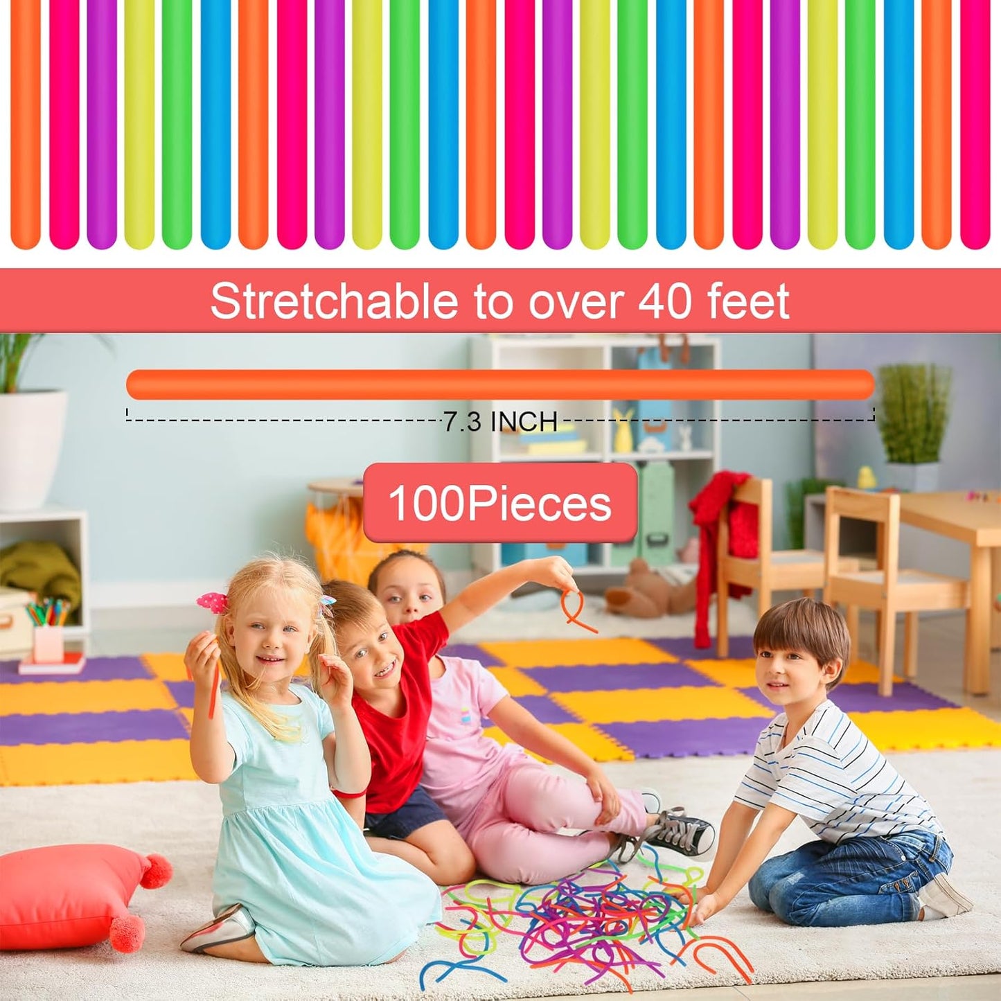 100 PCS Colorful Stretchy Fidget Strings Sensory Toys, Carnival Prizes Fidget Stress Relief Toy for Classroom Prize Children Gift Birthday Party Favors Kids 4-8 8-12
