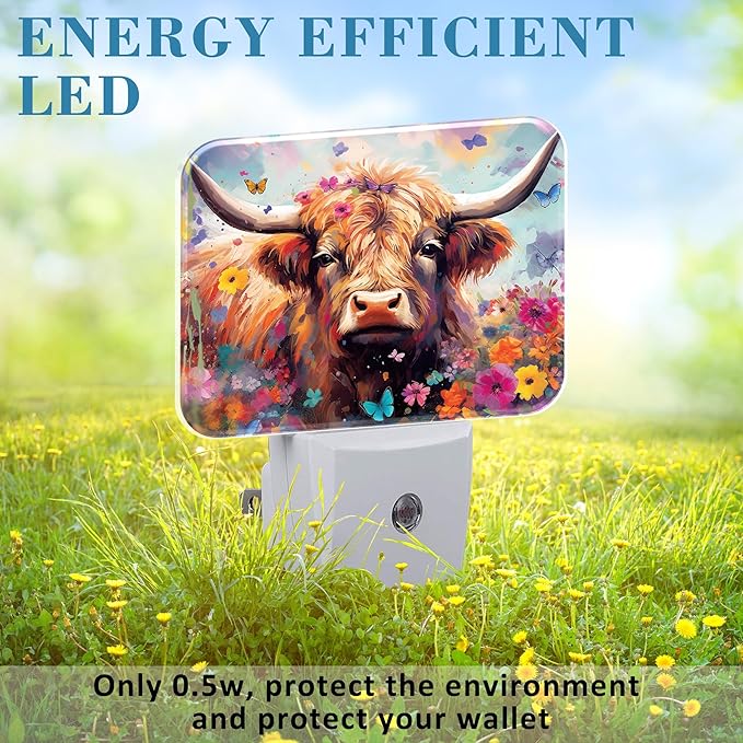 Watercolor Highland Cow Night Light, Flowers and Butterflies Nightlight Plug into Wall with Dusk to Dawn Sensor for Kid Girls Boys Women Men Bedroom, Hallway, Kitchen, Bathroom, Stairs Decor