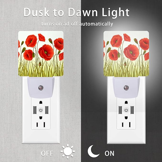 Red Flowers Night Light,Red Poppy Flowers and Ladybugs Plug-in Night Lights with Dusk-to-Dawn Sensor for Stairway/Hallway/Bedroom Sleep Friendly lamp for Women/Girls/Boys Gift,0.5W