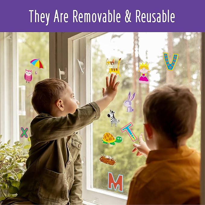 52PCS Alphabet & Animal Jelly Stickers, Thick Window Door Cling Decals Removable Reusable Gel Decals for Kids Toddlers Home Classroom Nursery Animal Theme Party Supplies Decorations (Not Edible)