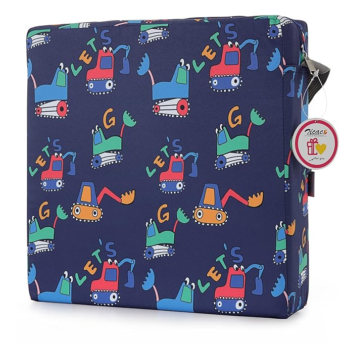 Zicac Portable Toddler Booster Seat for Dining Table, Safer Non-Slip Kids Booster Seat with Double Adjustable Straps, Washable Detachable Strong Support Increasing Cushion for Child (Blue Excavator)