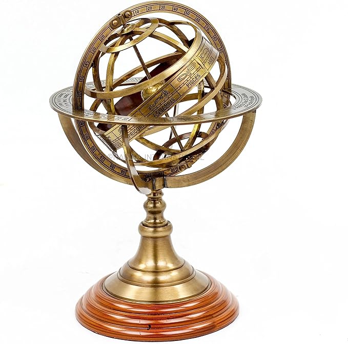 Antique Vintage Zodiac Armillary Brass Sphere Globe Wooden Display | Pirate's Antique Ship Decor | Nagina International (Large, Antique Brass)