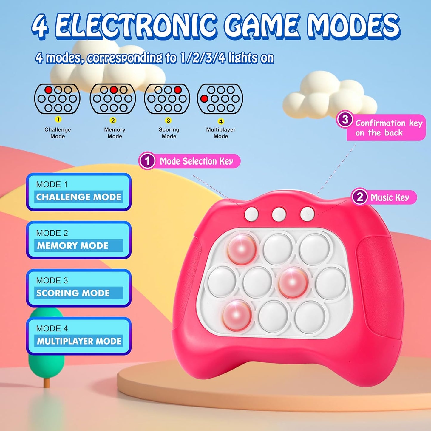 Quick Push Bubble Game,Popping Game Light up Pop Fidget Toy for Kids,Fast Push Console Game for Ages 3-12 for Boys and Girls,Handheld Puzzle Game Sensory Toys (Pink Universal)