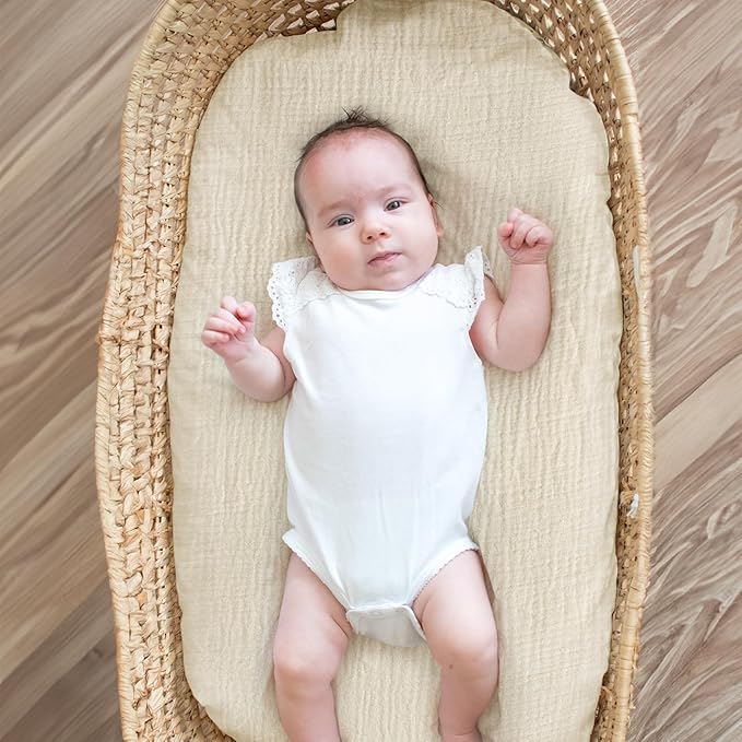 Muslin Bassinet Fitted Sheets, 2 Pack for Baby Boy and Girl, Soft Breathable Stretchy Baby Pad/Mattress Sheet Set, Universal Fit for Hourglass Oval and Rectangle Bassinet Mattress (Gentle Colors)