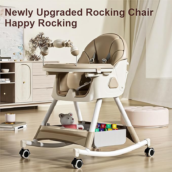 PU Leather Baby High Chairs with Rocking Mode, Foldable Multi-Functional Baby Eating Chair with Adjustable Backrests and Heights, High Chair with Wheels and Double Trays（560 Grey）